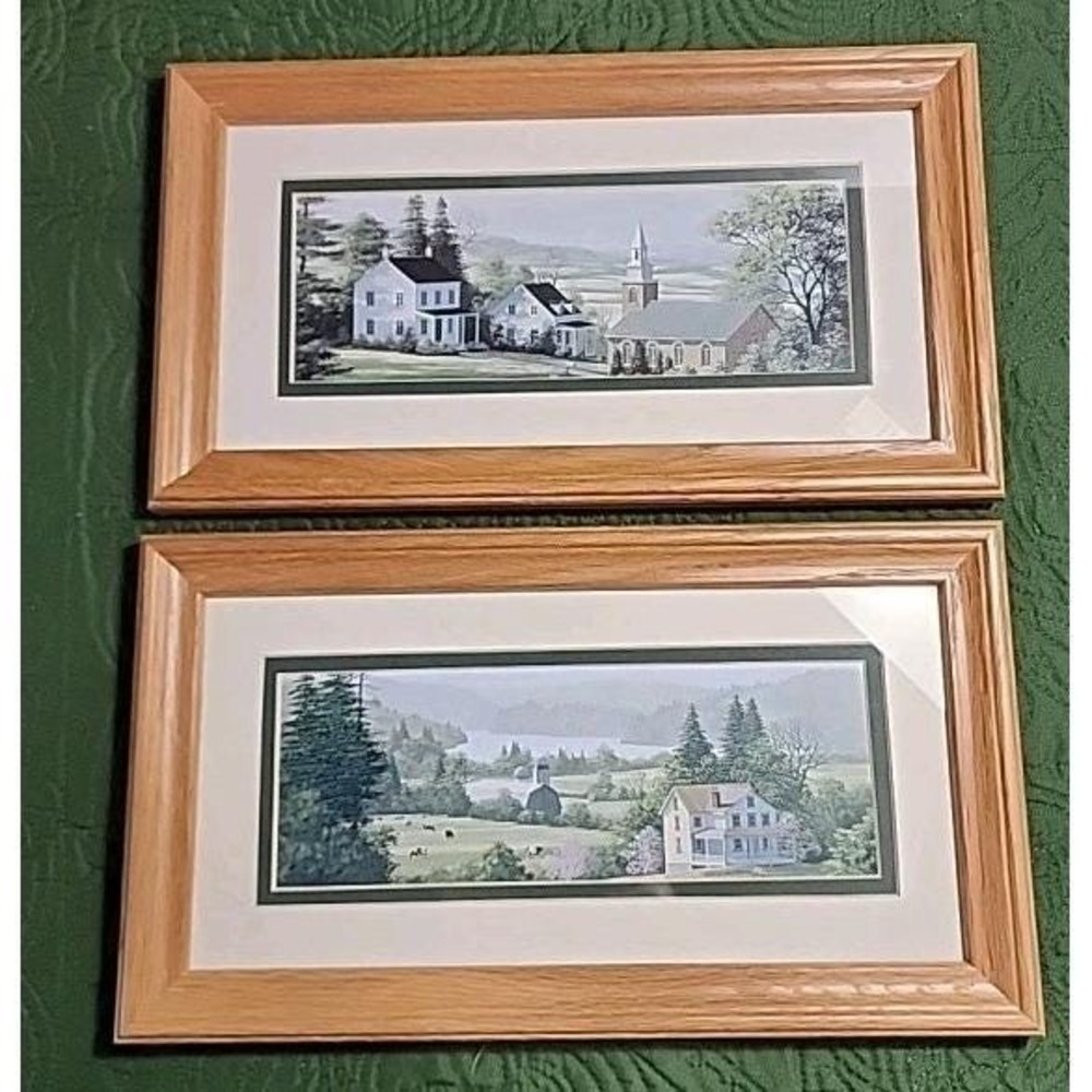 Set of 2 Framed Country Landscape Prints Farmhouse Barn Church Oak Frame 14x8